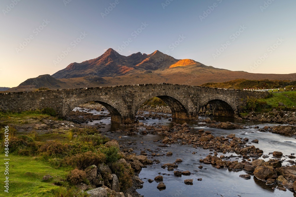 custom made wallpaper toronto digitalRiver Sligachan with old stone bridge, Cuillin Mountains in the background, Isle of Skye, Highlands, Inner Hebrides, Scotland, United Kingdom, Europe