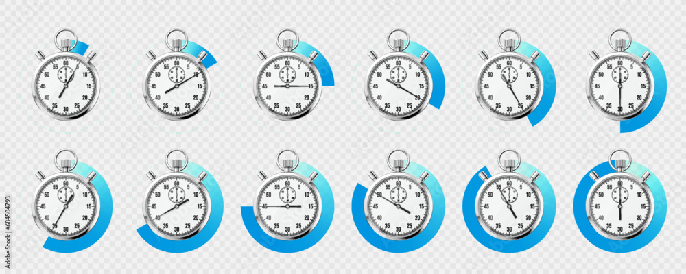 Realistic classic stopwatch. Shiny metal chronometer, time counter with dial. Blue countdown timer showing minutes and seconds. Time measurement for sport, start and finish. Vector illustration Realistic classic stopwatch. Shiny metal chronometer, time counter with dial. Blue countdown timer showing minutes and seconds. Time measurement for sport, start and finish. Vector illustration