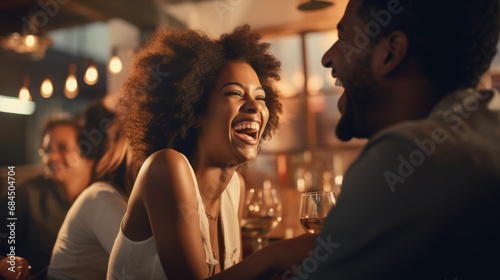 Black african american adults laughing and drinking having fun at a party in a bar
