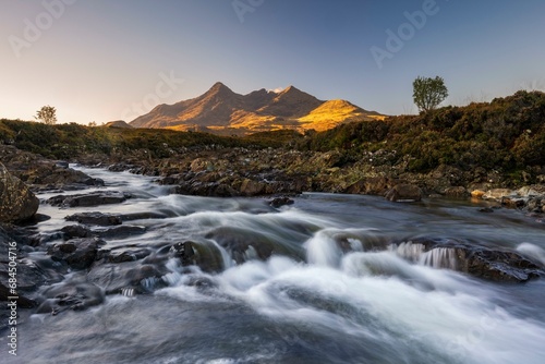 River Sligachan, Cuillin Mountains in the background, Isle of Skye, Highlands, Inner Hebrides, Scotland, United Kingdom, Europe