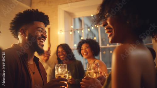 Black african american adults laughing and drinking having fun at a party in a bar photo