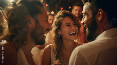 Caucasian white adults laughing and drinking having fun at a party in a bar