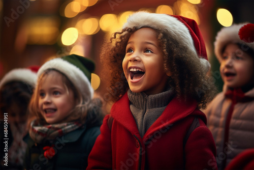 Cheerful children sings Christmas carols on the street on Christmas Eve.racial diversity