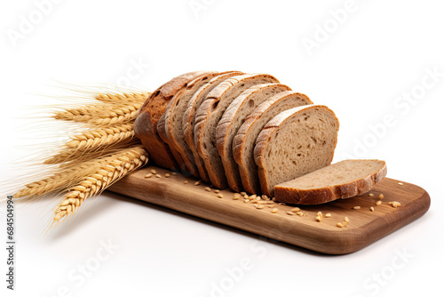 slices of bread on a board with wheat isolated on white background