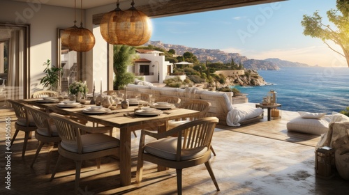 A dining room with a view of the ocean