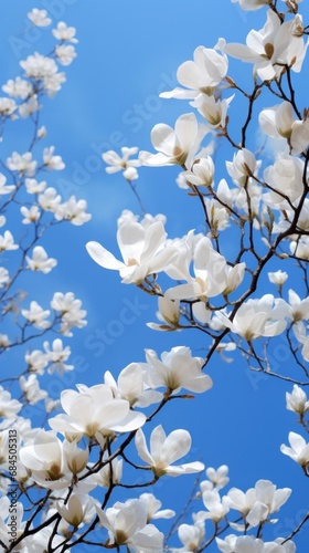 A tree with white flowers against a blue sky