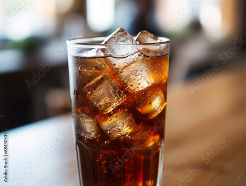A glass of fizzy cola with ice on a bar table.