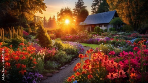 A vibrant and colorful garden with the last rays of the sun illuminating the flowers