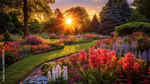 A vibrant and colorful garden with the last rays of the sun illuminating the flowers