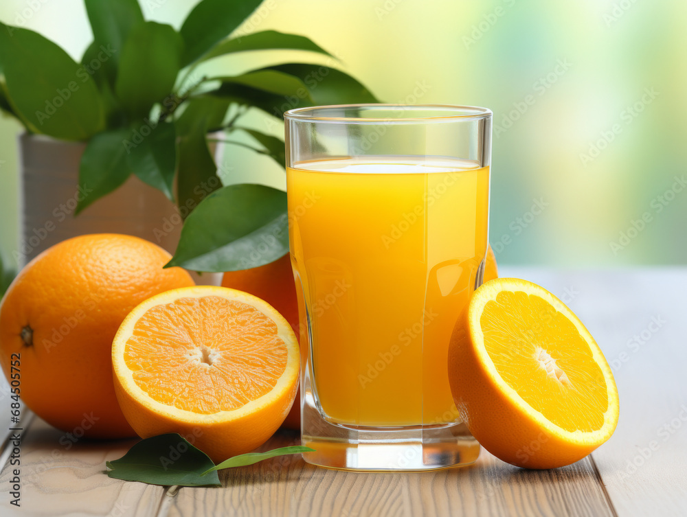 Bright orange juice in a glass with fresh oranges. Bright orange juice in a glass with fresh oranges.