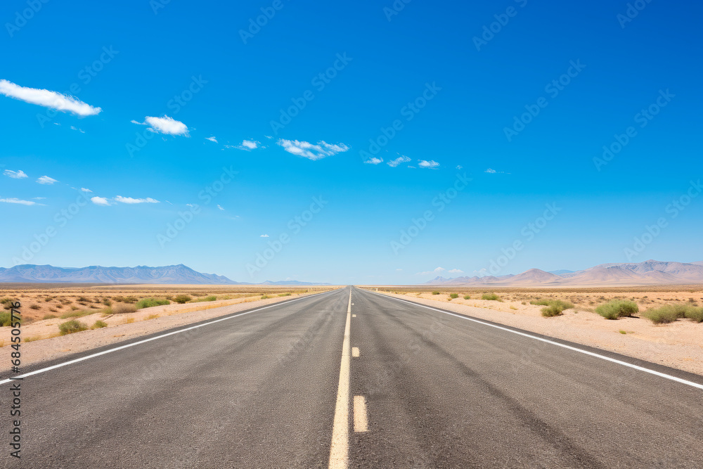Empty open road in the deserted country under blue sky.