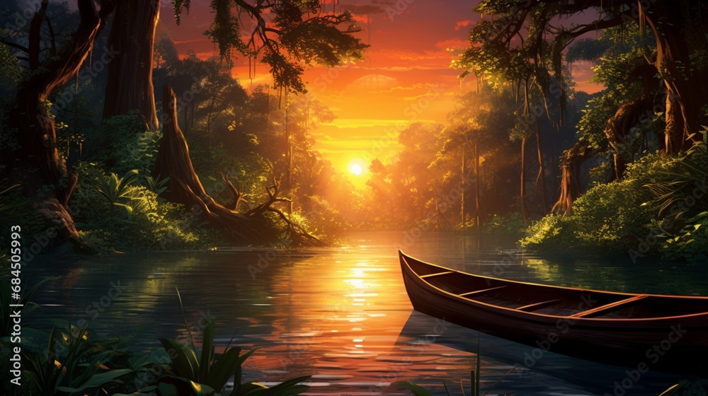 A winding river through a dense forest as the sun sets behind the canopy, with a wooden canoe