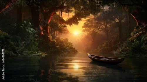 A winding river through a dense forest as the sun sets behind the canopy, with a wooden canoe