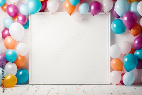 Empty frame surrounded by bright vibrant multicolored balloons and confetti