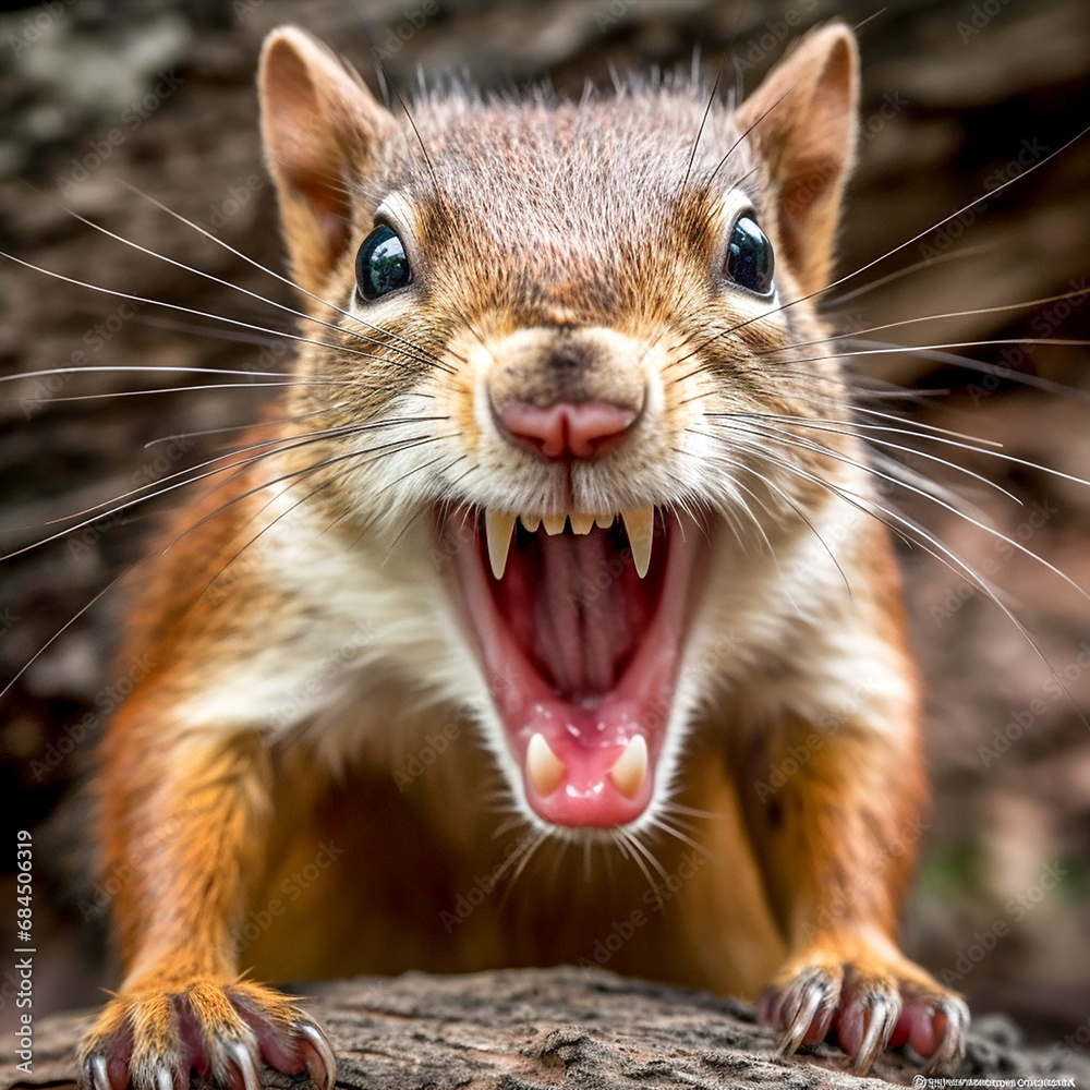 An aggressive squirrel displaying a rare ferocity, with its mouth wide open to reveal sharp fangs and teeth. An aggressive squirrel displaying a rare ferocity, with its mouth wide open to reveal sharp fangs and teeth.