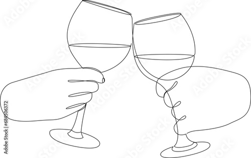 Continuous one line drawing of hands cheering with glasses of wine. Single line drawing of cheers of wine glass. Minimalist style contour vector illustration.