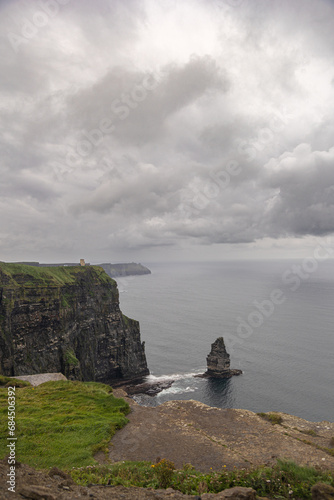 cliff landscape with gray skies and storm clouds. Cliffs in Ireland. Cliffs of Moher