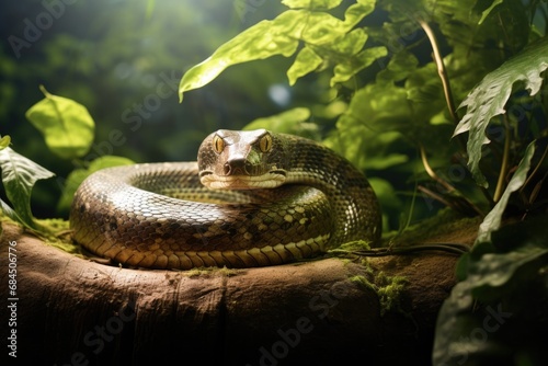A snake is curled up on a log in the jungle. Generative AI.