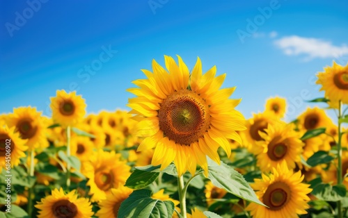 Sunflowers in a field with blue sky background. Generative AI. © serg3d