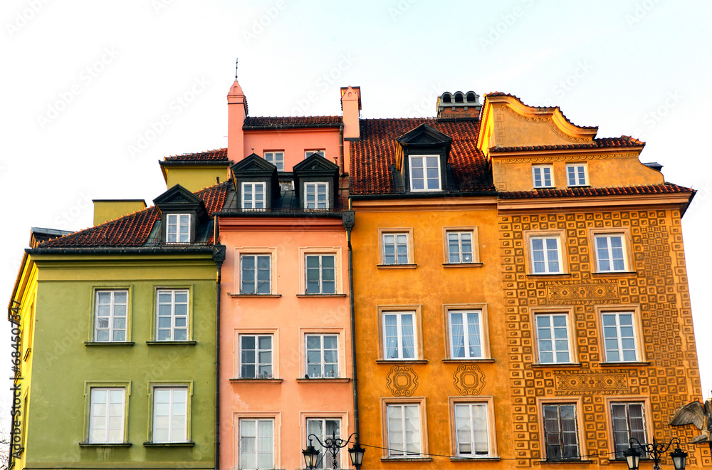 Warsaw, Poland, Europe - Facades of traditional townhouses,  Castle Square - Plac Zamkowy, Old Town, UNESCO World Heritage Site