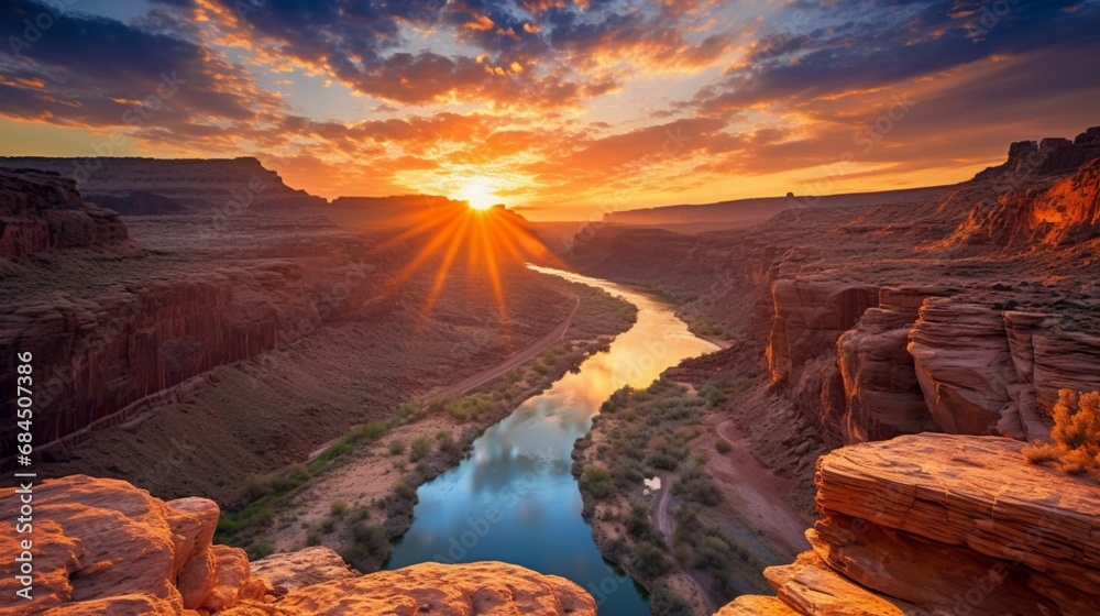 A beautiful river winding through a canyon as the sun sets in the distance