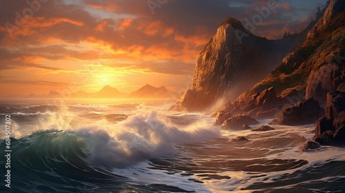 A coastal cliff with waves crashing against it during a beautiful sunset