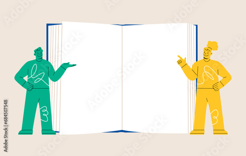 Man and woman standing in front of big empty opened book. Colorful vector illustration
