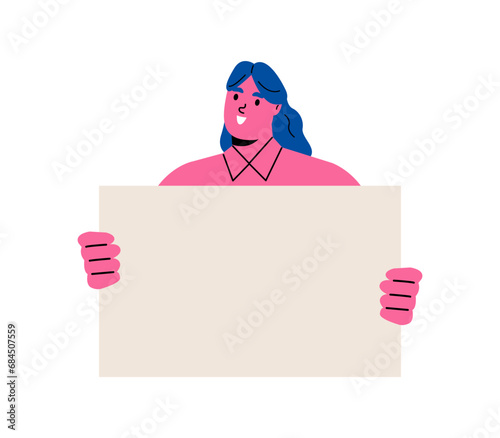 Business woman holding empty blank boards. Flat vector illustration isolated on white background