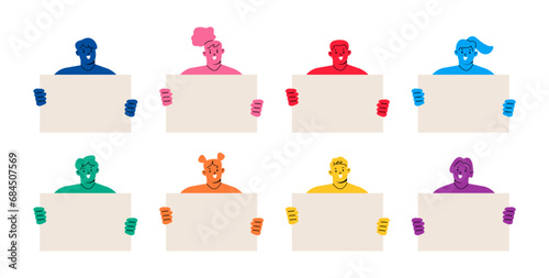 Different people young men and women holding empty blank boards. Colorful vector illustration