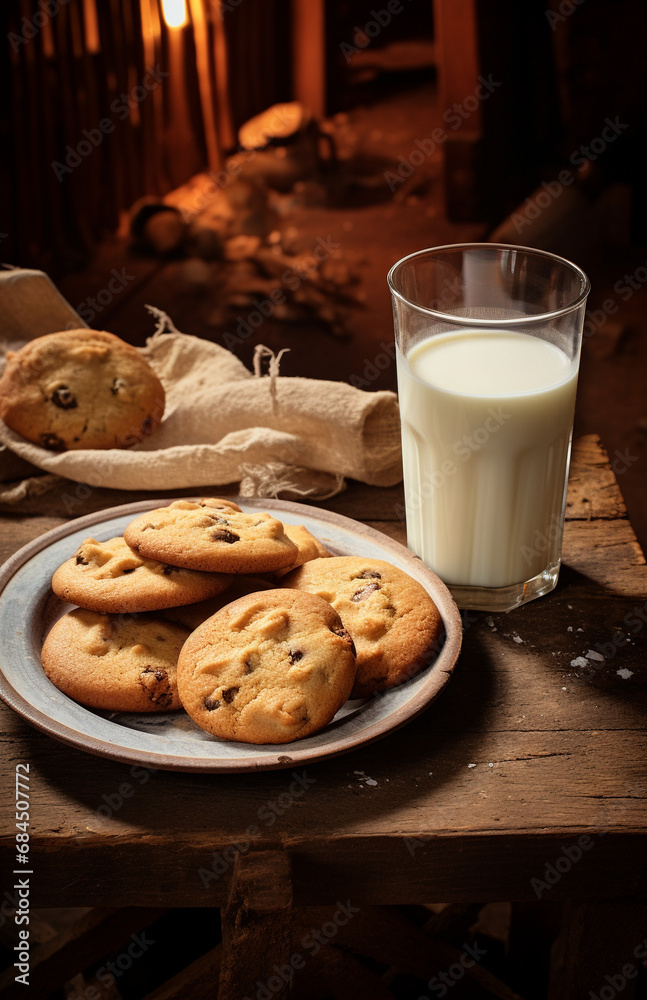 glass of milk and cookies, cozy still life glass of milk and cookies, cozy still life