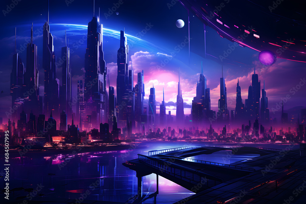dark futuristic city with dimmed neon blue pink and purple lights. generative ai.