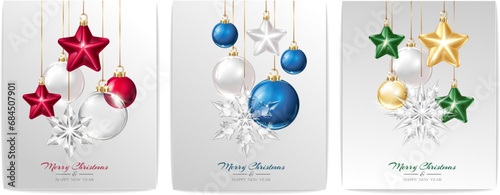 Vector realistic Christmas decorations on a light abstract background. Glass sphere, sparkling heart and star