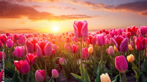 A colorful field of tulips basking in the soft, warm glow of the setting sun #684507946