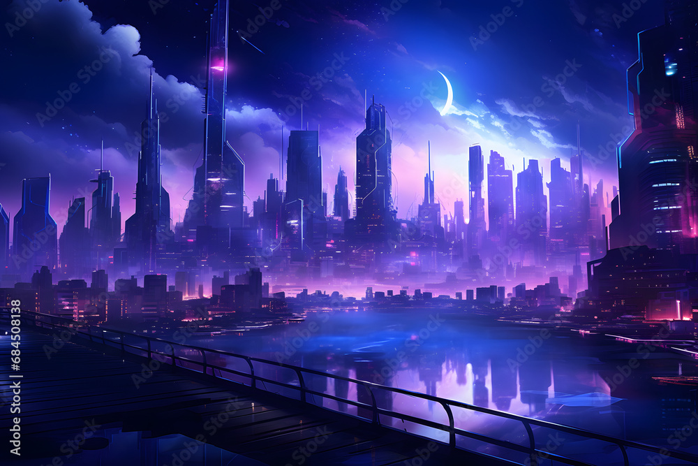 dark futuristic city with dimmed neon blue pink and purple lights. generative ai. dark futuristic city with dimmed neon blue pink and purple lights. generative ai.