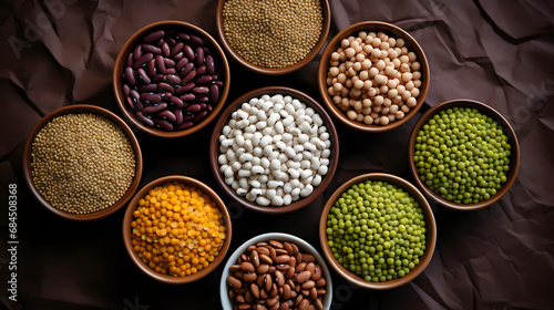 Different cereals and legumes- rice,peas, lentils, beans haricot millet buckwheat chickpea. Top view. generative ai.