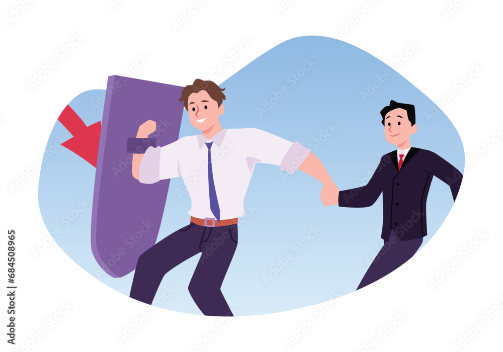 Obraz premium Crisis management strategy in teamwork, vector businessman using a shield protects the company from financial problems