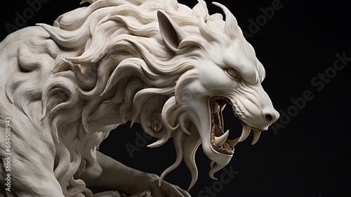 A detailed close-up of a meticulously crafted marble sculpture of a mythical creature.