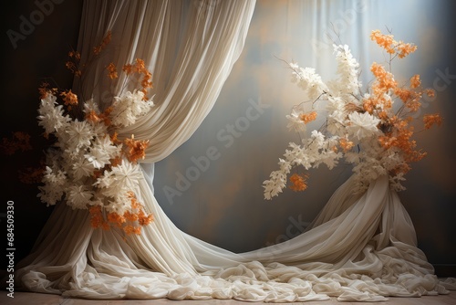 wedding backdrop, maternity backdrop, Light hoop weaved with orange flowers, white flowers, elegant wall background, flowing white satin drapes, backdrop, photography backdrop photo