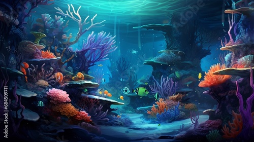 A fantastical underwater world with vibrant coral reefs and exotic sea creatures.