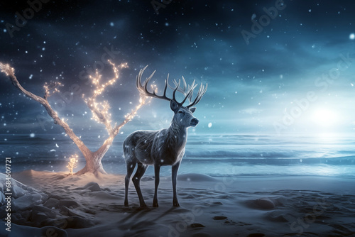 Christmas raindeer with Christmas lights on a frozen beach - ai generated