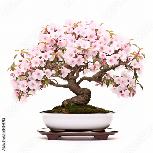 White Japanese flowering cherry bonsai tree isolated on white background