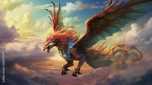 A digital illustration of a mythical creature in flight, set against a backdrop of dramatic clouds and vibrant colors.