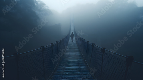 Fuzzy man walking on hanging bridge vanishing in fog. Focus on middle of bridge. generative ai. photo