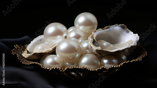 White pearls in oyster shell on black background