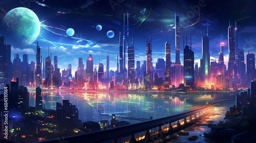 A digital painting of a futuristic cityscape  illuminated by neon lights and set against a starry night sky.
