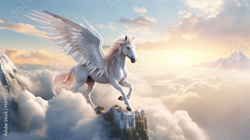 White Pegasus unicorn in a cliff high above the clouds © Marie