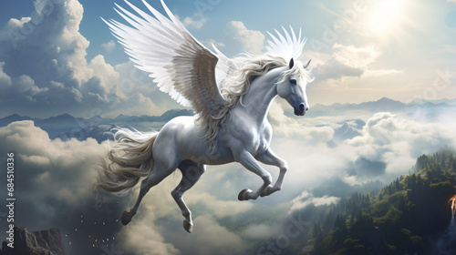 White Pegasus unicorn in a cliff high above the clouds