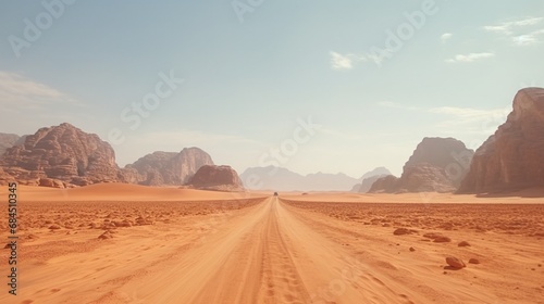 Landscape view of dusty road going far away nowhere in Wadi Rum desert  Jordan