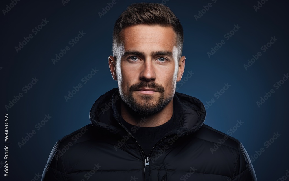 Urban Confidence: Stylish Man in Puffer Jacket Against Deep Blue Background