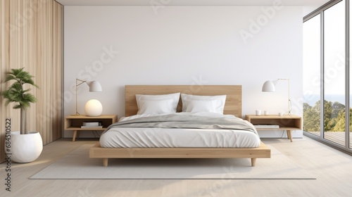 Modern scandinavian and Japandi style bedroom interior design with bed white color. Wooden table and floor  mock up frame wall. 3d render. High quality 3d illustration